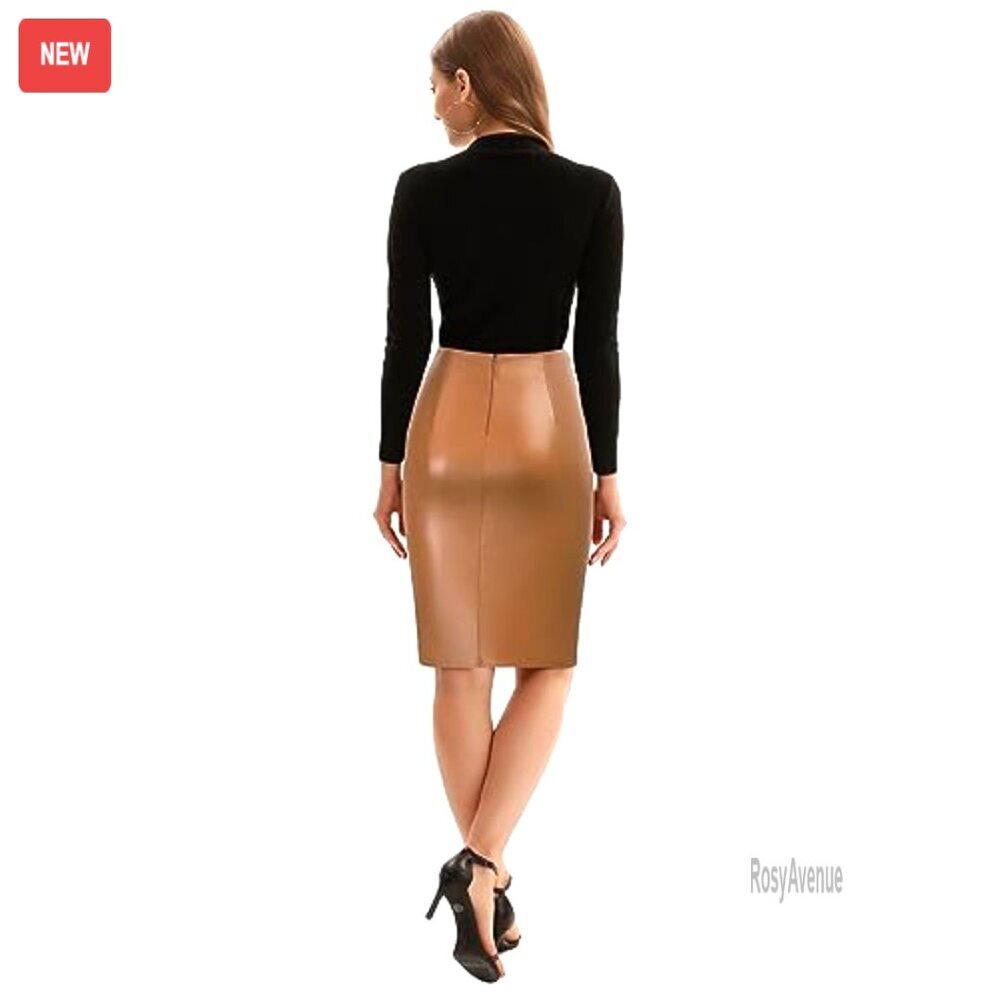 Faux Leather High Waist Wrap Midi Skirt, Stretchy PU, Business Casual Pencil - Picture 5 of 7